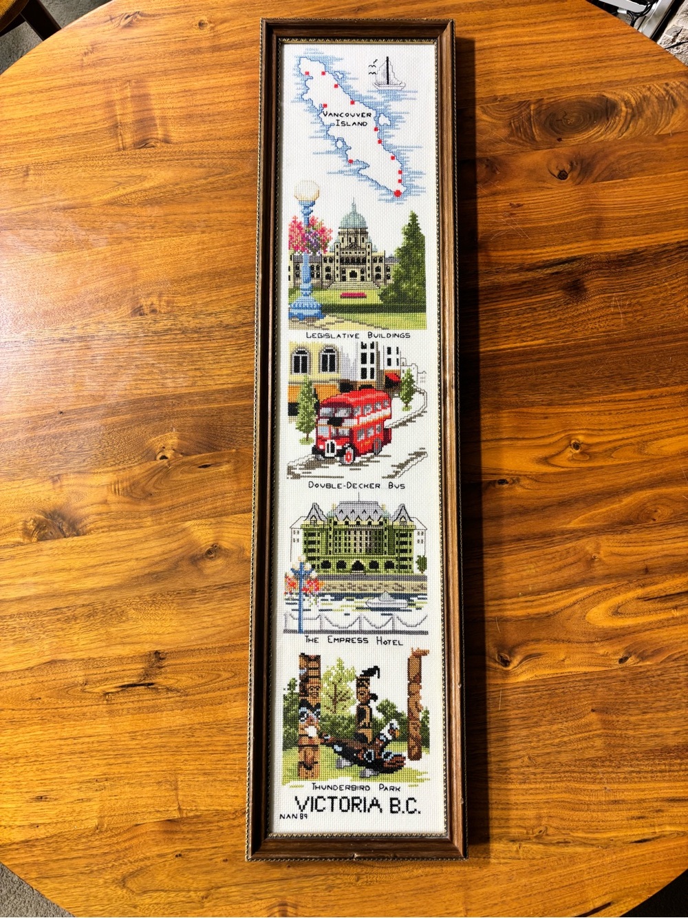 Vintage Victoria BC Framed Cross Stitch Sampler Canadiana 1989 Folk Art Wall Dec